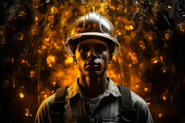 Um homem de pé Um homem vestindo um chapéu de ferro de pé em frente a uma fogueira