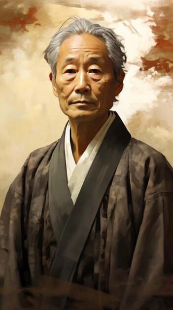 um homem de quimono está parado em frente a uma pintura