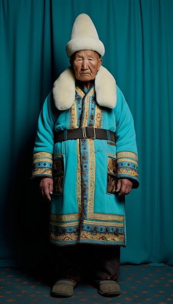 Foto um homem de roupa azul e um casaco azul com um chapéu de pele branca