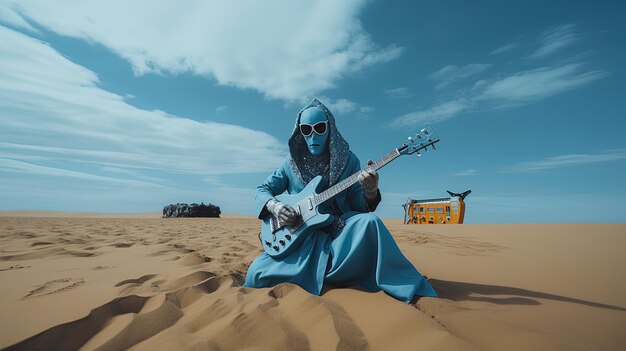 Foto um homem de roupa azul está tocando guitarra no deserto.