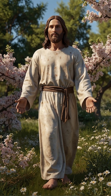 Um homem de roupa branca está de pé num campo de flores.