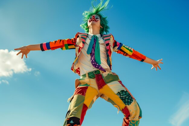 Um homem de roupa colorida com uma peruca verde