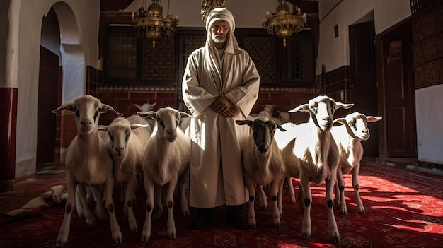 Um homem de roupa com um rebanho de cabras.