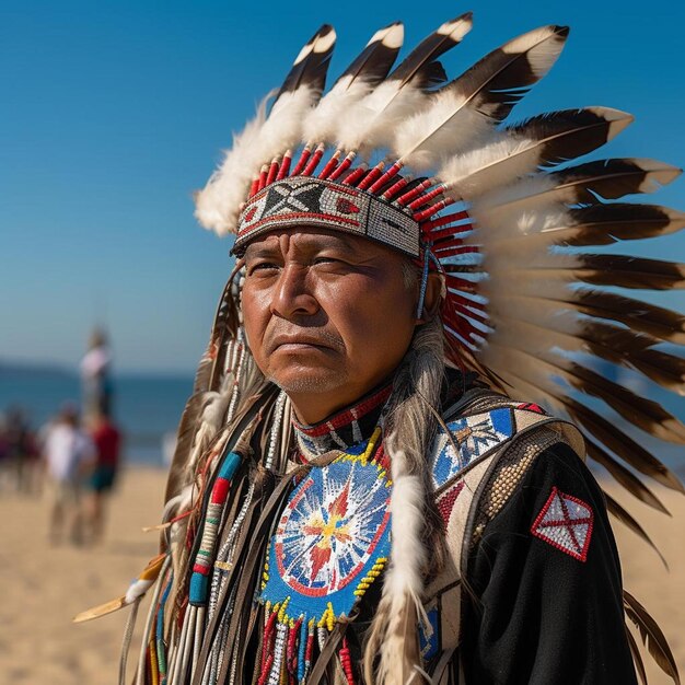 Foto um homem de roupa nativa está na praia.