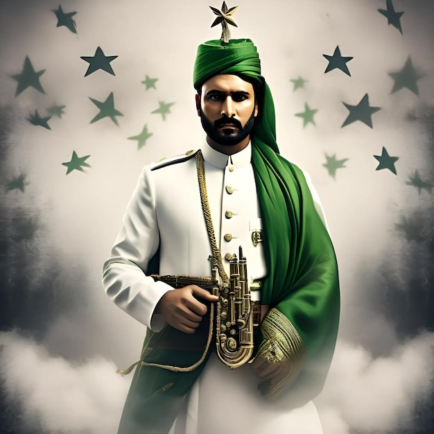 Um homem de roupa verde está de pé nas nuvens com uma estrela dourada no peito