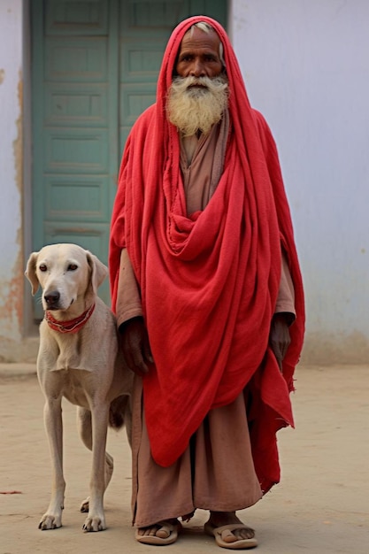 Um homem de roupa vermelha e um cão.