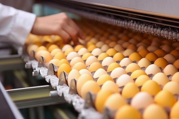 Um homem de roupão e luvas classifica ovos de galinha Ovos de galinha se movem ao longo da esteira na granja o conceito da indústria alimentícia a produção de ovos de galinha