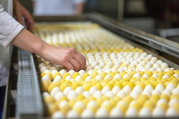 Um homem de roupão e luvas classifica ovos de galinha Ovos de galinha se movem ao longo da esteira na granja o conceito da indústria alimentícia a produção de ovos de galinha