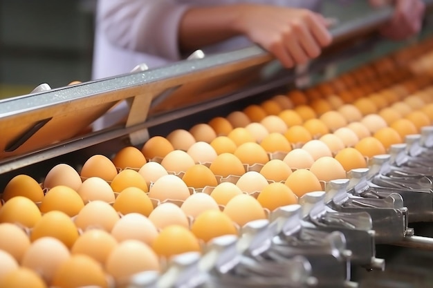 Um homem de roupão e luvas classifica ovos de galinha Ovos de galinha se movem ao longo da esteira na granja o conceito da indústria alimentícia a produção de ovos de galinha