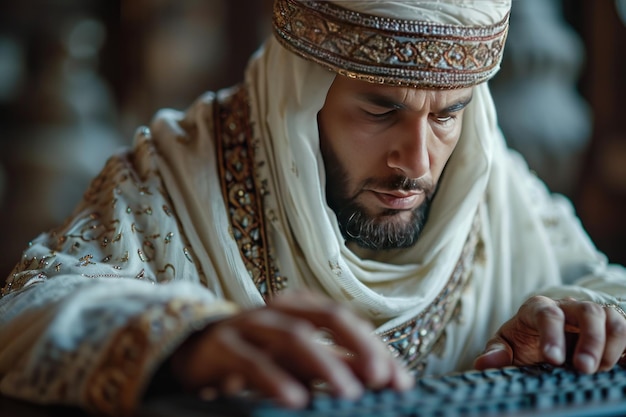 Um homem de roupas brancas tradicionais islâmicas digitando no teclado