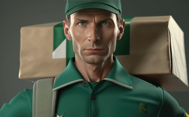 Um homem de serviço de entrega em uma jaqueta de uniforme verde com uma caixa ai gerada