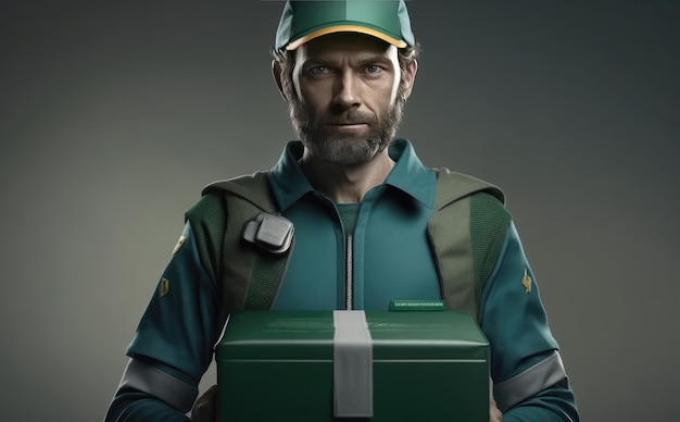 Um homem de serviço de entrega em uma jaqueta de uniforme verde com uma caixa ai gerada