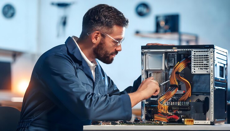 Foto um homem de serviço técnico está trabalhando em uma torre de computador com uma luva branca em uma oficina