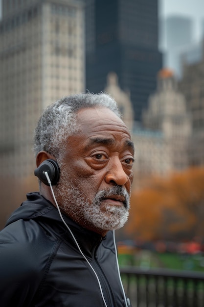 Um homem de sessenta anos com barba e fones de ouvido