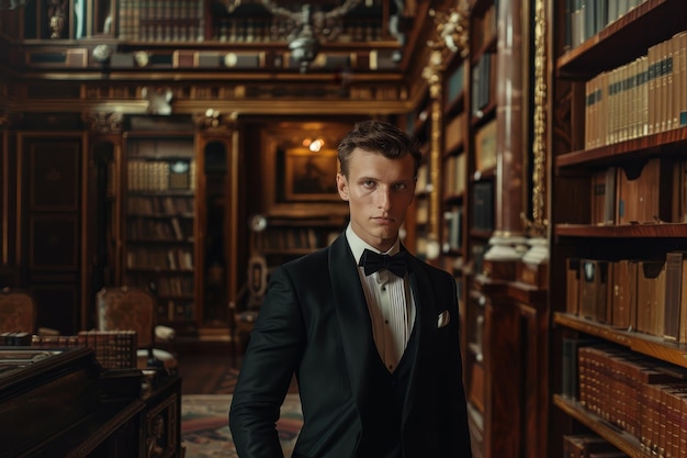 Um homem de smoking está em frente a uma biblioteca com muitos livros