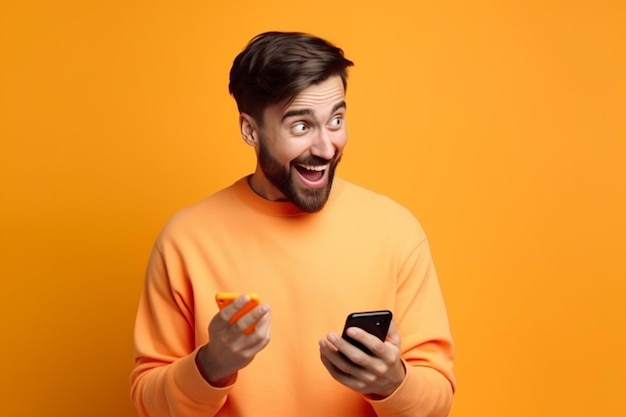 Um homem de suéter laranja está segurando um telefone e está segurando um telefone nas mãos