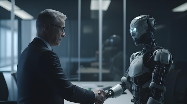 Foto um homem de terno aperta a mão de um robô.