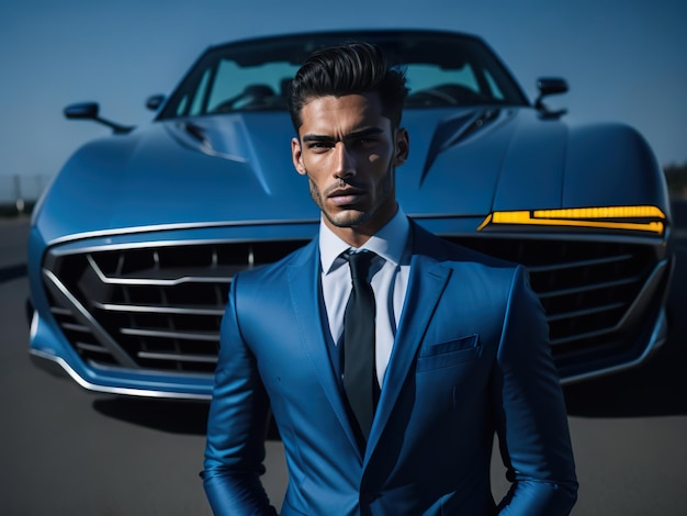 Foto um homem de terno azul está na frente de um carro ferrari.