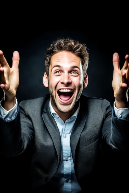 Um homem de terno com as mãos para cima e a palavra "feliz" na frente.