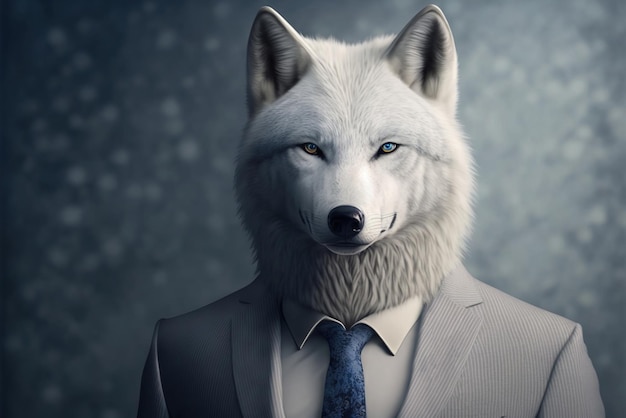 Um homem de terno com cara de lobo.