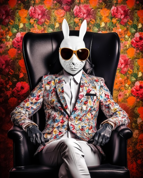 Um homem de terno com óculos de sol e um coelho branco de terno e óculos de sol está sentado em uma cadeira