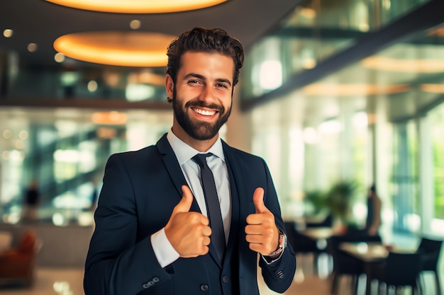 Um homem de terno com os polegares para cima