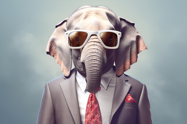 Um homem de terno com smoking e óculos de sol que diz 'elefante'
