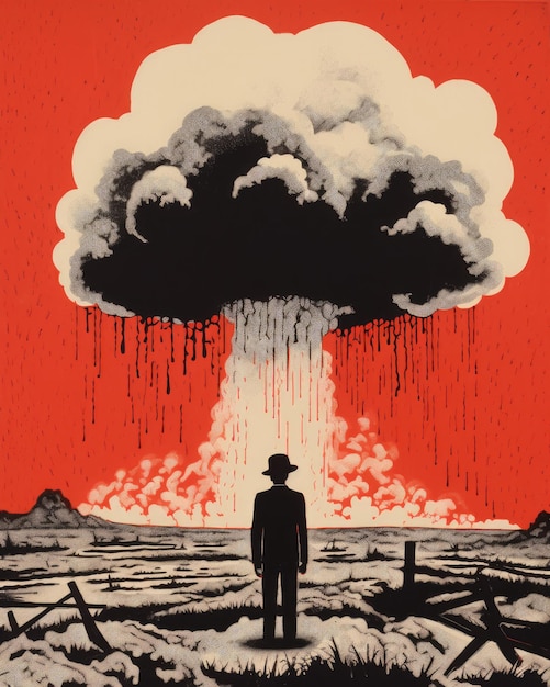 Um homem de terno e chapéu observando uma nuvem de cogumelo após a explosão de uma arma nuclear