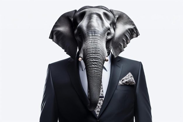 um homem de terno e gravata com uma cabeça de elefante