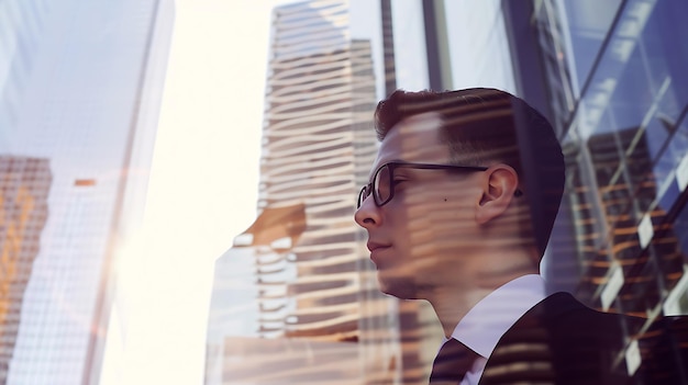 Foto um homem de terno e gravata de pé em frente a um edifício alto de ia generativa