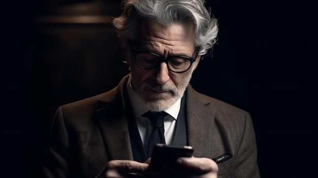 Um homem de terno e óculos olha para o telefone.