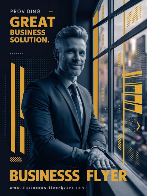 um homem de terno está em frente a uma janela com um anúncio de negócios para negócios