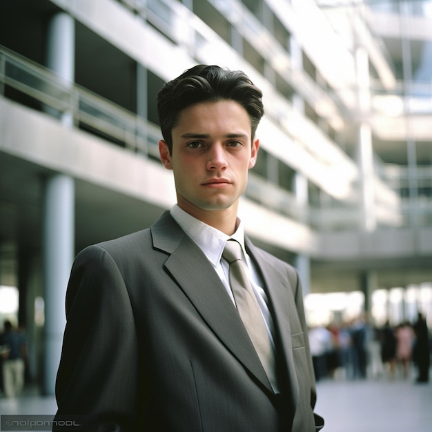 Um homem de terno está em um prédio de escritórios.