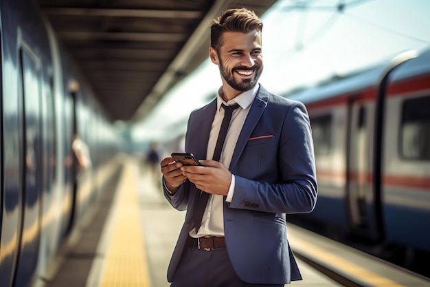 Um homem de terno está em uma plataforma com um telefone na mão