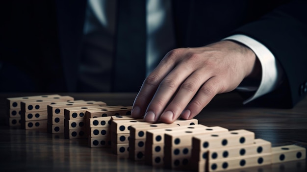 Um homem de terno está jogando dominó com as palavras dominó no topo.