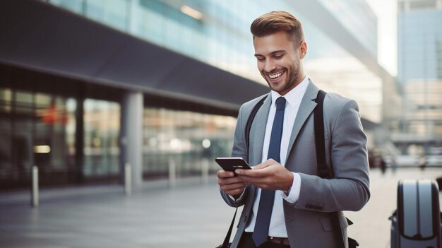 um homem de terno está olhando para o celular