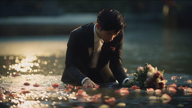 Um homem de terno está rodeado de flores e uma placa que diz "amor".