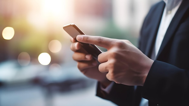 Um homem de terno está segurando um telefone com a palavra smart