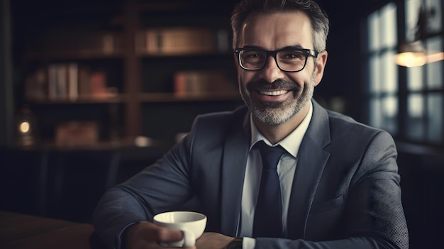 Um homem de terno está sentado à mesa com uma xícara de café.