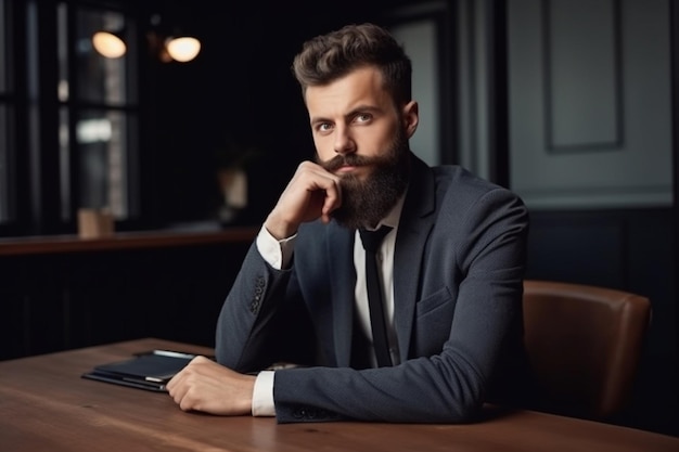 Um homem de terno está sentado à mesa de um restaurante.