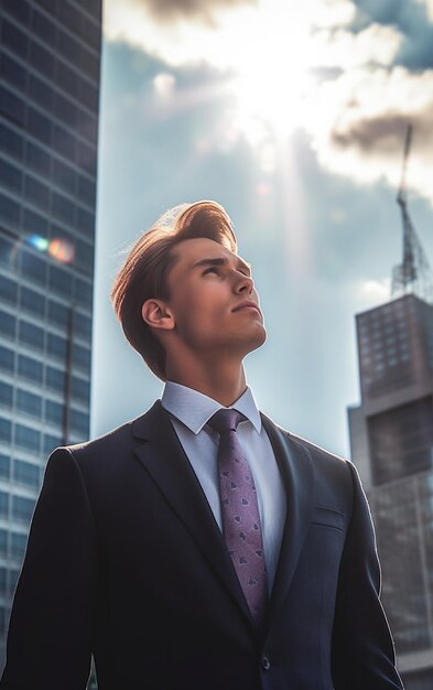 Um homem de terno fica na frente de um arranha-céu.