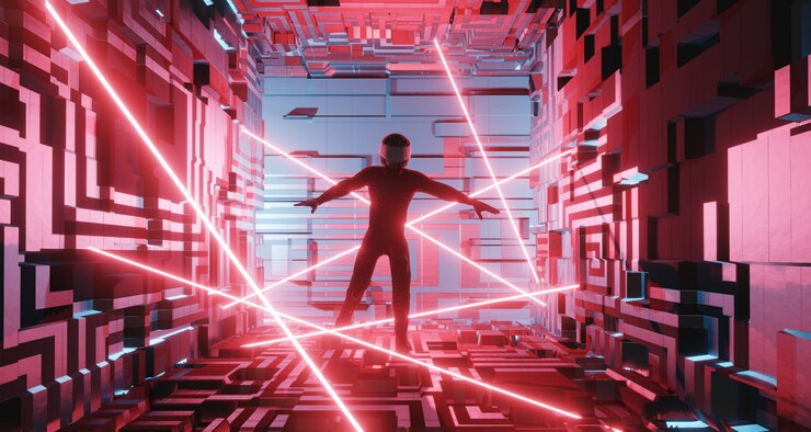 Foto um homem de terno no interior de ficção científica fica entre a proteção a laser