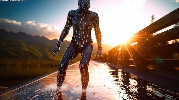 Um homem de terno preto está em uma poça com o sol se pondo atrás dele.