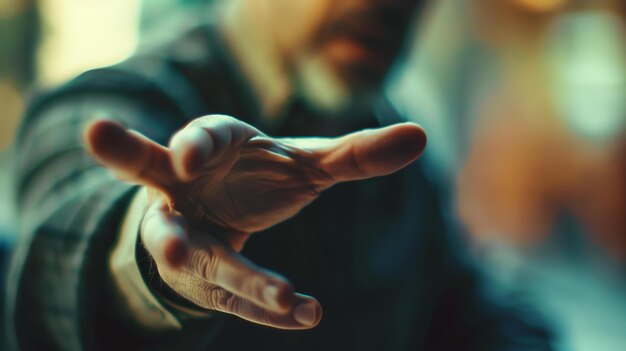 Foto um homem de terno preto estende a mão para apertar a mão de alguém. o fundo está desfocado e o foco está na mão do homem.