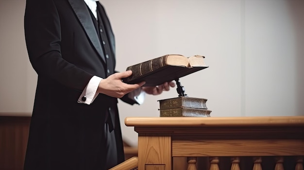 Um homem de terno segura um livro em frente à mesa de um juiz de madeira.