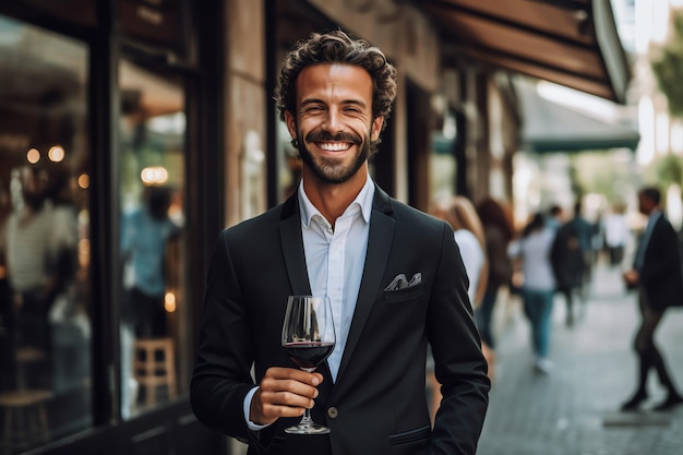 Um homem de terno segura uma taça de vinho em frente a um restaurante.