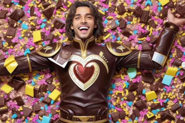 um homem de traje deitado em uma cama de chocolates e confeti