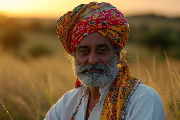 um homem de turbante de pé em um campo