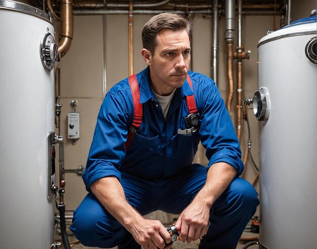 um homem de uniforme azul agachado em um grande tanque branco