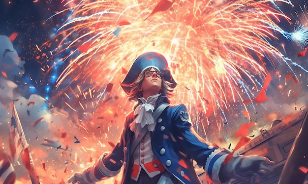 Um homem de uniforme azul e vermelho fica na frente de fogos de artifício.